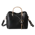 Black bucket bag with white stitching, gold ring handle and tassel heart charm - Black