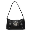 Fashionable black faux crocodile skin underarm bag with silver flower buckle decoration - Black