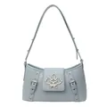 Light blue stone texture shoulder bag with elegant metal hardware and crocodile pattern - Blue