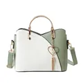 Green and white patchwork bucket bag with metal handle and heart tassel detail - Green