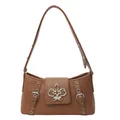 Chic brown faux crocodile embossed shoulder bag with decorative silver metal buckle - Brown