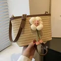 Straw bucket bag in beige with brown leather straps and fabric flower charm - Brown Flower Style