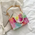 Colorful hand-painted box bag with pearl handle and golden chain strap for women - Pink