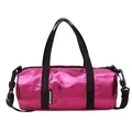 Metallic pink cylinder handbag with adjustable black strap and brand logo patch - Rose Red