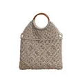 Bolso de macramé hecho a mano color crema con asas redondas de madera para playa verano - Blanco