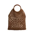 Bolso de malla marrón tejido a mano con asas de madera circulares para las vacaciones - Marrón