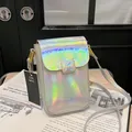 Holographic mini crossbody phone bag with unique pleated texture and adjustable strap - Silver Base Colorful Zircon