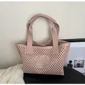 Pink laser-cut tote bag in soft synthetic leather with wide top handles for women - Pink