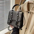 Sac à dos d'école vintage gris foncé en toile et similicuir noir avec poignée de main - Noir