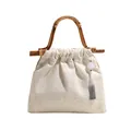 Oriental style beige floral jacquard handbag with vintage bamboo handle and tassel - Off White