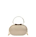 Elegante pochette champagne con manico in metallo e chiusura a fiocco dorato - Oro