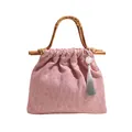 Roze jacquard draagtas met bamboe handvat en kralen kwastje in neo-Chinese stijl - Roze