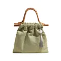 Matcha green floral drawstring handbag with bamboo handles and elegant grey tassel - Green