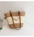Handmade woven straw tote bag with brown color-block design and faux leather straps - Brown