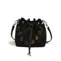 Sac seau chic en velours noir avec poignées en perles d'ambre et cordon de serrage - Noir