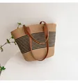 Khaki and black striped woven straw tote bag with brown leather handles for summer - Black Thin Stripes