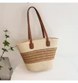 Handmade straw tote bag in beige with dark brown leather straps for summer beach travel - Off White