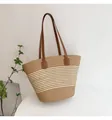 Straw woven tote bag with white stripes and brown faux leather handles for summer travel - Brown Stripes