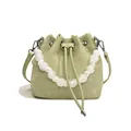 Fashionable light green drawstring bucket bag with beaded handle and leather texture - Green