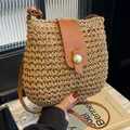 Handgemaakte geweven emmertas met bruine lederen flap en grote parel gesp voor de zomer - Stijl 1 Khaki (Parelgesp)