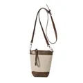 Sac seau en toile avec bordure en cuir marron foncé et accessoires en métal argenté - Marron