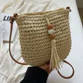 Gevlochten strooien emmertas met leren riem en kwastje voor strand- en zomerreizen - Stijl 2 Rijstwit (Kwastkraal)