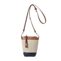 Sac seau tissé marron et beige avec base en cuir bleu et bandoulière réglable - Marron & Bleu