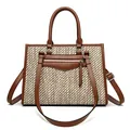 Sac fourre-tout en similicuir marron et tissu à chevrons avec bandoulière réglable - Beige