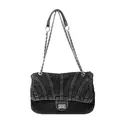 Sac bandoulière en denim noir rétro avec chaîne argentée et fermoir rotatif en métal - Noir