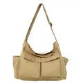 Borsa a tracolla in tela kaki stile workwear con tracolla regolabile e tasche frontali - Cachi
