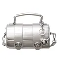 Metallic silver cylindrical messenger bag with dual metal twist locks and round charm - Silver