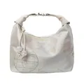 Elegant beige satin dumpling bag with pink floral embroidery and ruched handle - White