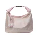 Pink embroidered Chinese style handbag with traditional landscape pattern and bead charms - Pink