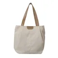 Beige canvas tote bag with khaki leather handles and fashion logo embellishment - White