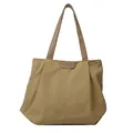 Khaki large capacity canvas tote bag with fashion leather patch and top handles - Khaki
