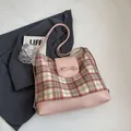 Pink checkered tote bag with leather bow decoration and large capacity for women - Pink