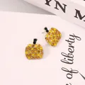 Exquisite pumpkin stud earrings with yellow crystals and green leaves in gold finish - Yellow