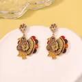 Luxurious Thanksgiving turkey drop earrings with micro-inlaid rhinestones and colorful enamel - Wheat