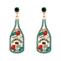 Detailed view of champagne bottle earrings with colorful rhinestones and gold accents - Green Red