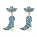 Blue and gold western cowboy hat and boot dangle earrings with glitter enamel finish - Blue