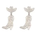 Detailed close-up of silver cowboy hat and boot earrings with intricate western carvings - Silver