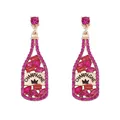 Detail of pink rhinestone champagne bottle earrings with gold metal base for parties - Rose Red