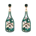 Detailed close-up of champagne bottle earrings with green rhinestones and gold plating - Green