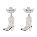 Close-up of silver cowboy hat and boot earrings with white glittery floral enamel details - Silver With Black