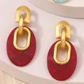 Retro geometric square drop earrings in matte gold and red marble resin texture - Red Oval
