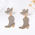 Western style golden cowboy boot and hat drop earrings with grey floral engraving - Silver Gray