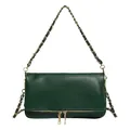 Bolso bandolera verde oscuro de cuero granulado con cadena dorada y detalle de cremallera - Verde