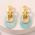 Pendientes vintage franceses de acrílico mármol azul y acabado dorado mate - Verde Oscuro Ovalado