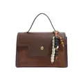 Retro vintage dark brown leather and suede baguette handbag with bead charm detail - With Pendant / Brown