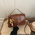Dark brown faux crocodile leather crossbody bag with decorative colorful wooden beads - With Pendant / Dark Brown